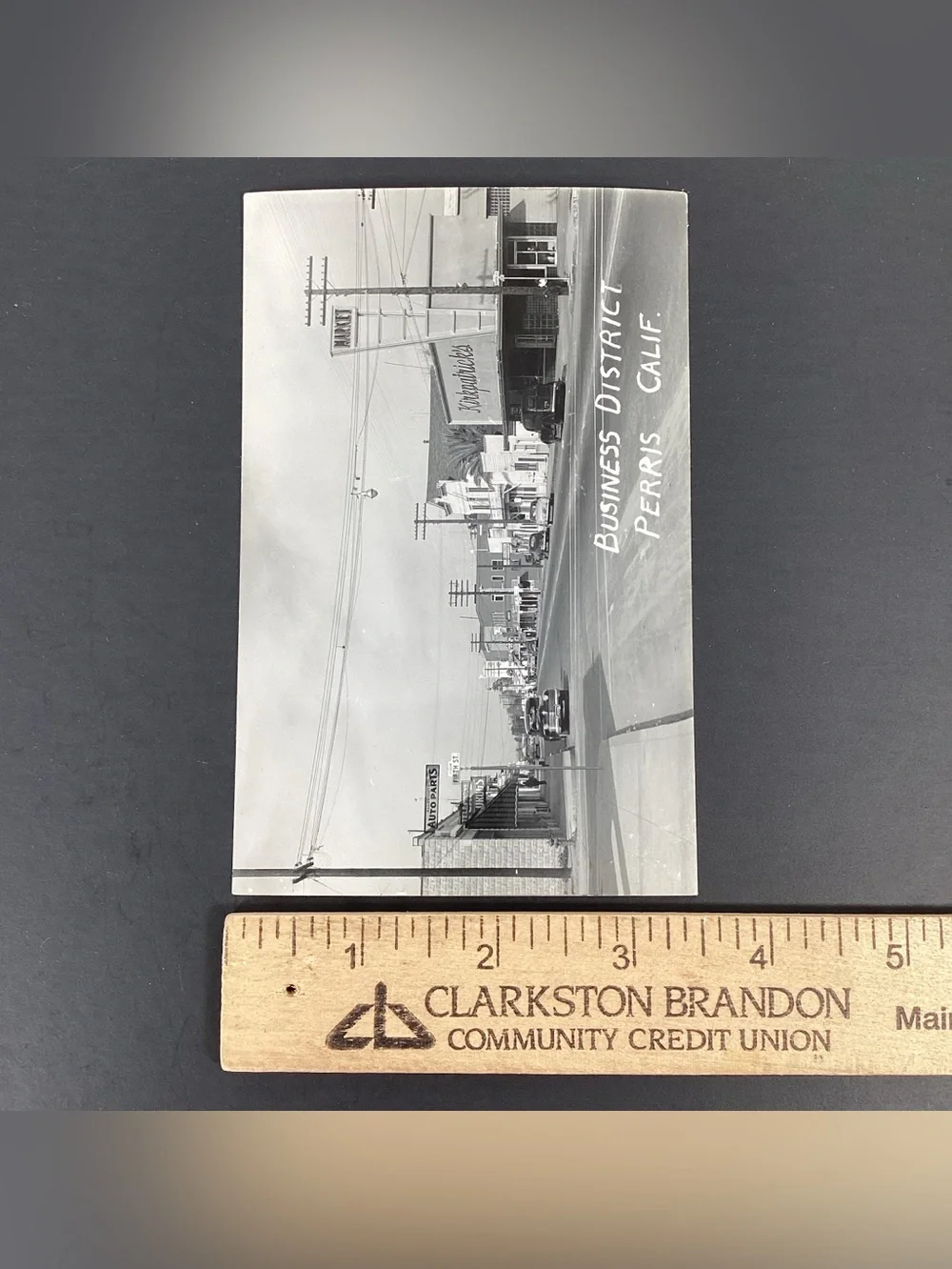 RPPC Business District Perris California Black & White Postcard Downtown 1940s